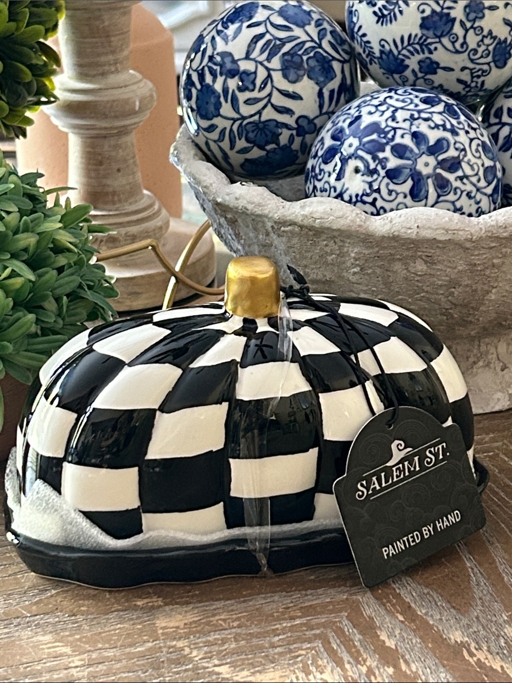 NEW! Vintage Inspired Checker Ceramic Fall Harvest Pumpkin Butter Dish